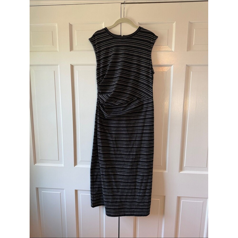 LOFT Black White Striped Cap-Sleeve Midi Dress Ruched Size 10